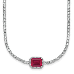 Sterling Silver Rhodium-plated Polished Fancy Emerald-cut Red and White CZ Halo 16 Inch with 2 Inch Extension Necklace