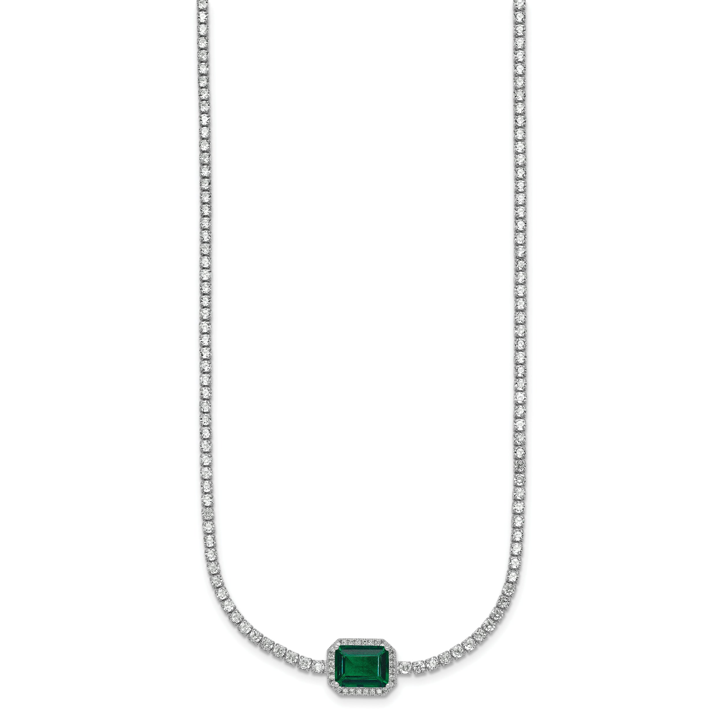 Sterling Silver Rhodium-plated Polished Fancy Emerald-cut Green and White CZ Halo 16 Inch with 2 Inch Extension Necklace