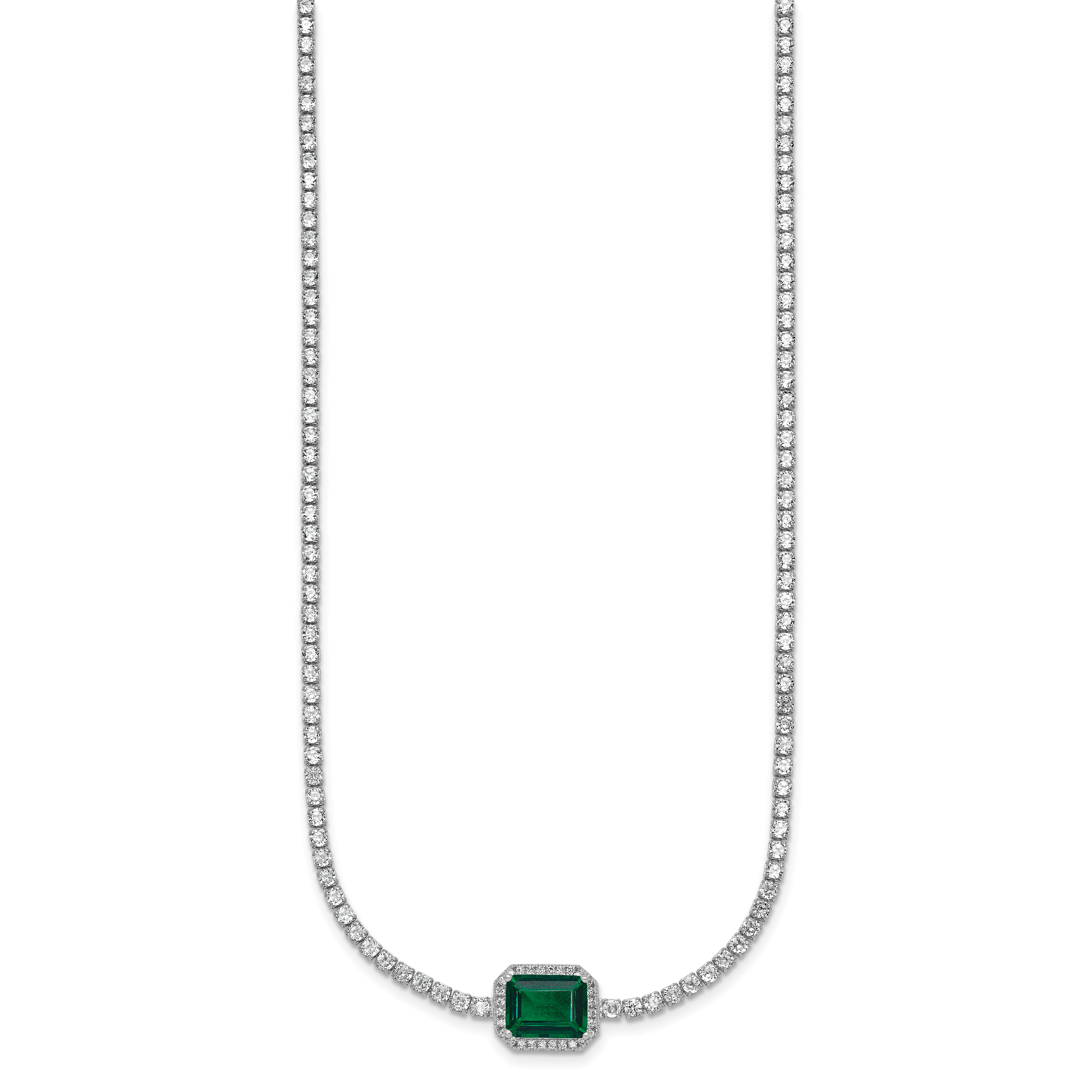 Sterling Silver Rhodium-plated Polished Fancy Emerald-cut Green and White CZ Halo 16 Inch with 2 Inch Extension Necklace