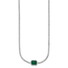 Sterling Silver Rhodium-plated Polished Fancy Emerald-cut Green and White CZ Halo 16 Inch with 2 Inch Extension Necklace