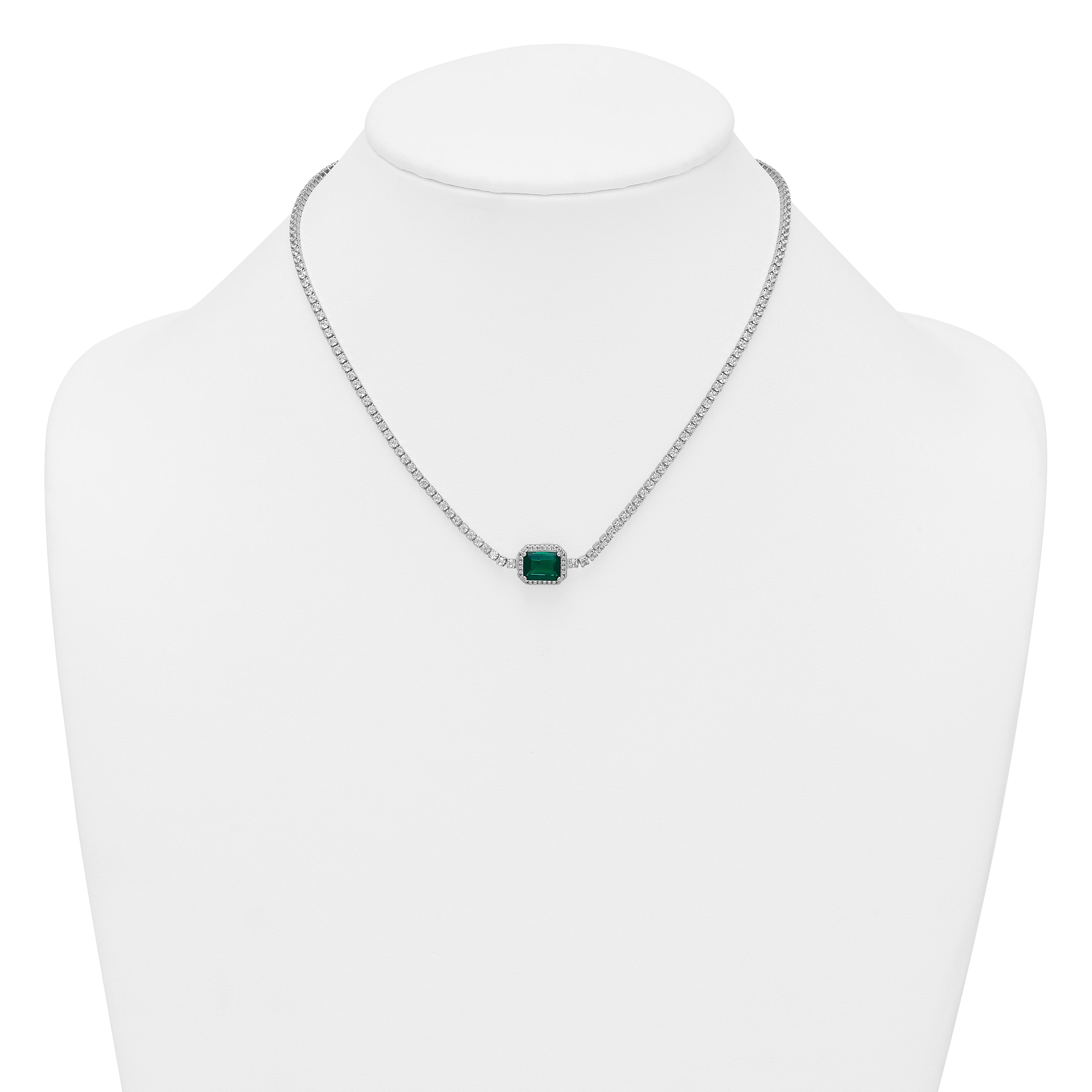 Sterling Silver Rhodium-plated Polished Fancy Emerald-cut Green and White CZ Halo 16 Inch with 2 Inch Extension Necklace