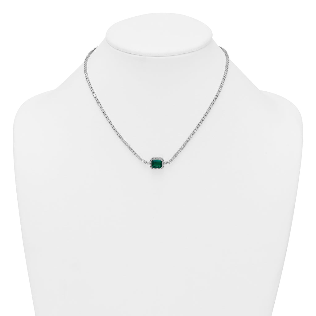 Sterling Silver Rhodium-plated Polished Fancy Emerald-cut Green and White CZ Halo 16 Inch with 2 Inch Extension Necklace
