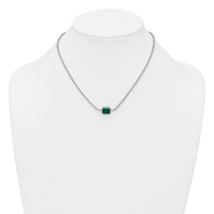 Sterling Silver Rhodium-plated Polished Fancy Emerald-cut Green and White CZ Halo 16 Inch with 2 Inch Extension Necklace