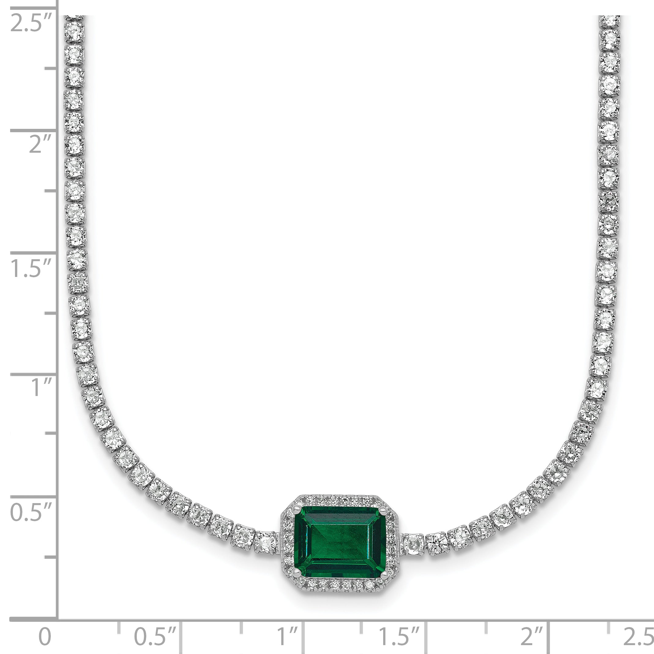 Sterling Silver Rhodium-plated Polished Fancy Emerald-cut Green and White CZ Halo 16 Inch with 2 Inch Extension Necklace
