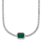 Sterling Silver Rhodium-plated Polished Fancy Emerald-cut Green and White CZ Halo 16 Inch with 2 Inch Extension Necklace
