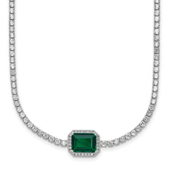 Sterling Silver Rhodium-plated Polished Fancy Emerald-cut Green and White CZ Halo 16 Inch with 2 Inch Extension Necklace