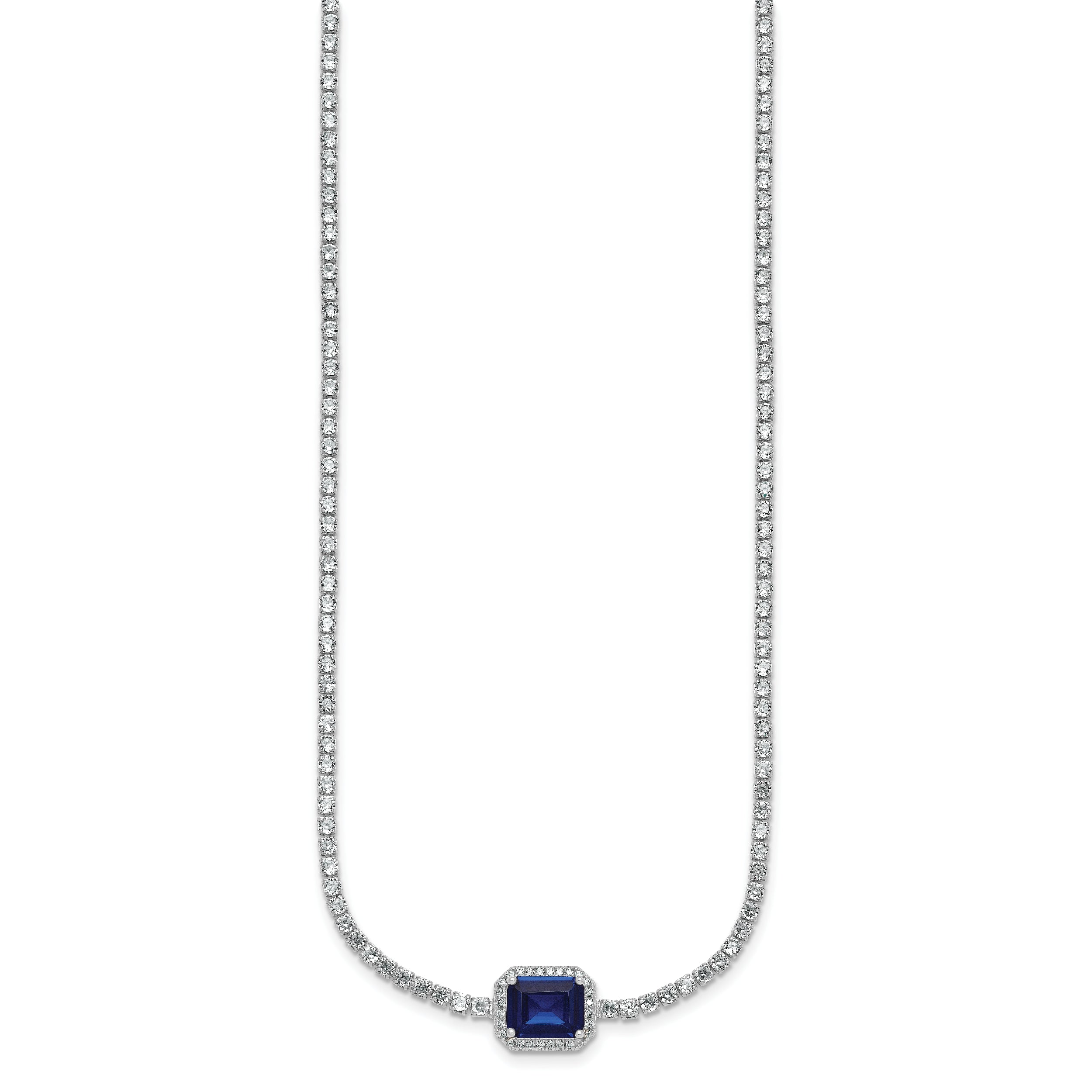 Sterling Silver Rhodium-plated Polished Fancy Emerald-cut Blue and White CZ Halo 16 Inch with 2 Inch Extension Necklace