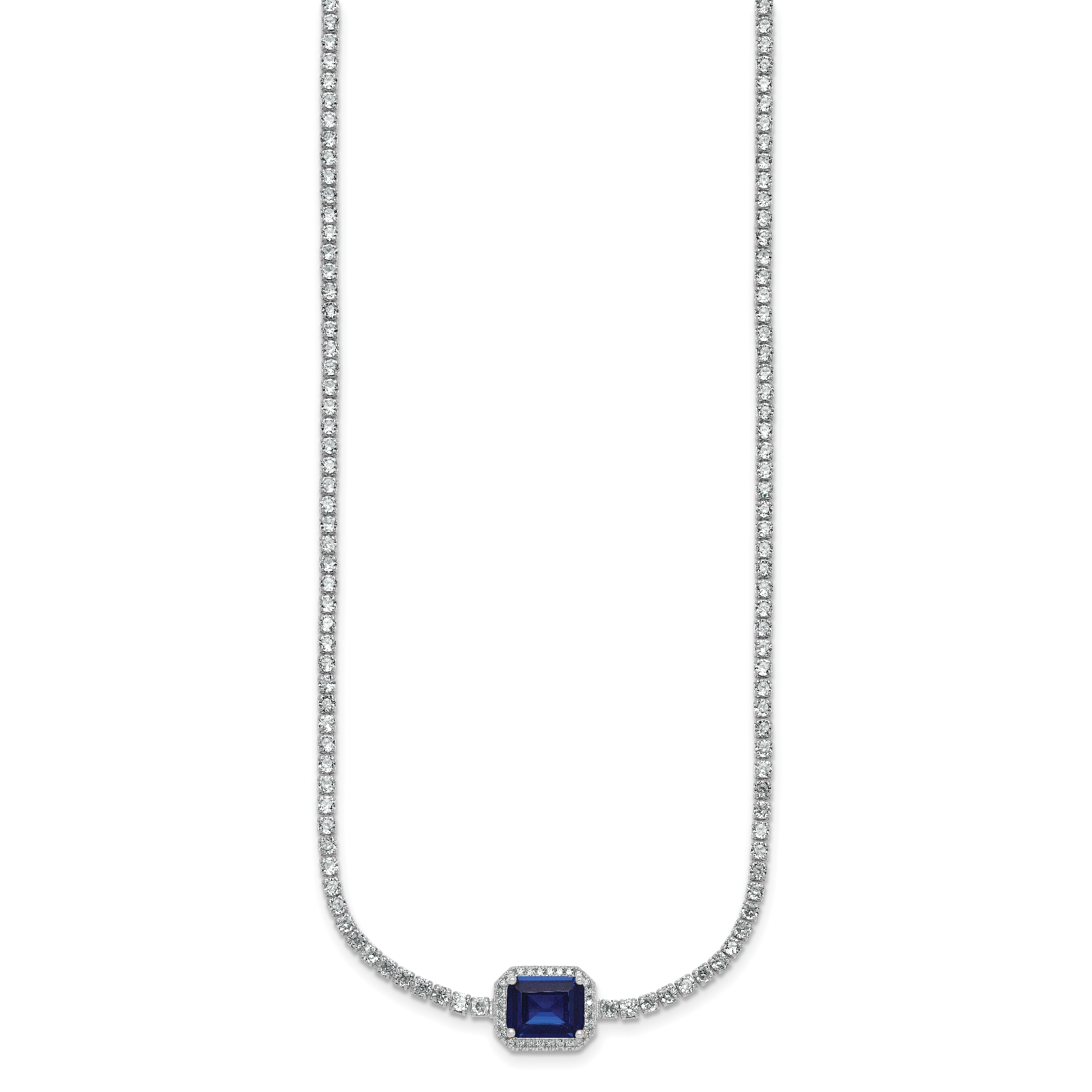 Sterling Silver Rhodium-plated Polished Fancy Emerald-cut Blue and White CZ Halo 16 Inch with 2 Inch Extension Necklace Secondary image