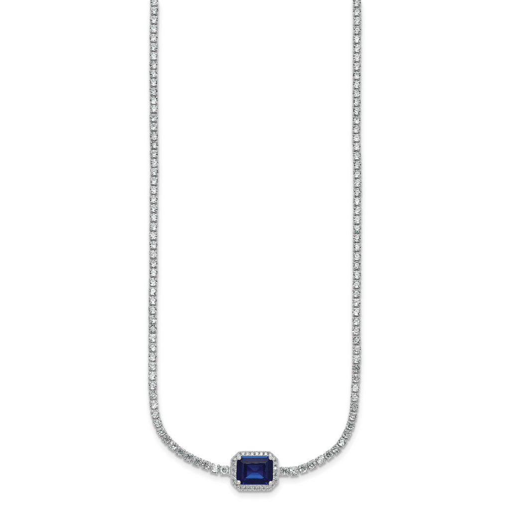 Sterling Silver Rhodium-plated Polished Fancy Emerald-cut Blue and White CZ Halo 16 Inch with 2 Inch Extension Necklace