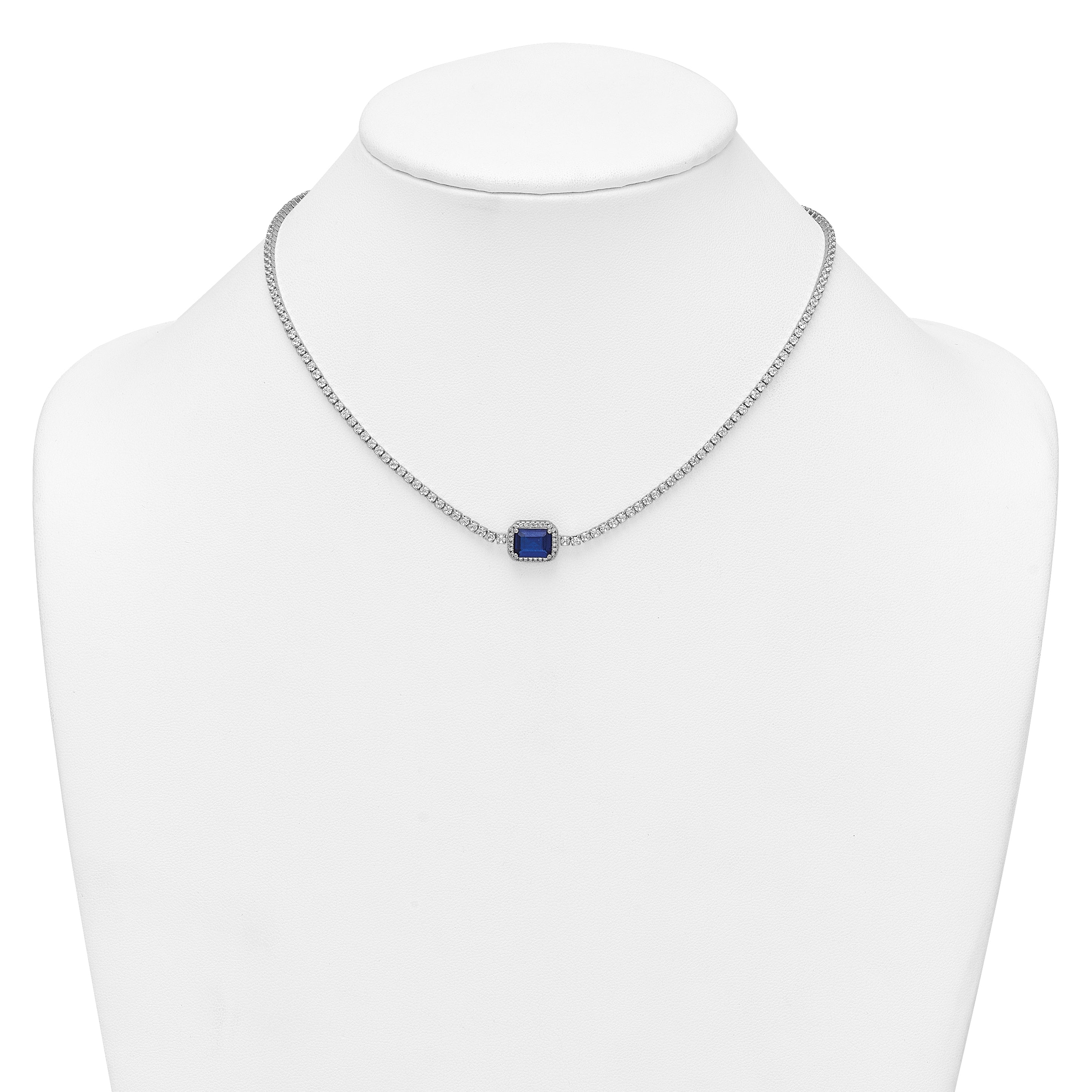 Sterling Silver Rhodium-plated Polished Fancy Emerald-cut Blue and White CZ Halo 16 Inch with 2 Inch Extension Necklace