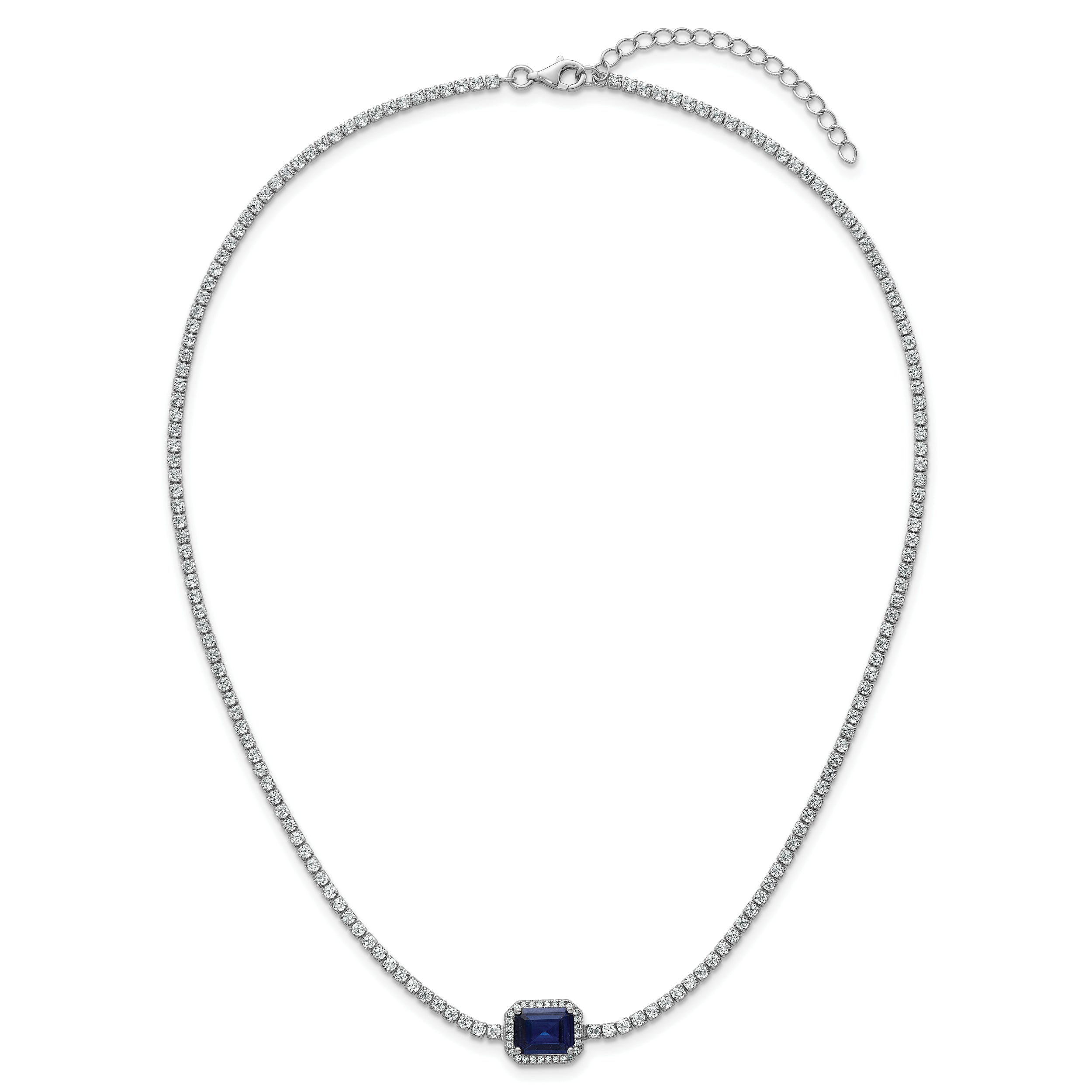 Sterling Silver Rhodium-plated Polished Fancy Emerald-cut Blue and White CZ Halo 16 Inch with 2 Inch Extension Necklace