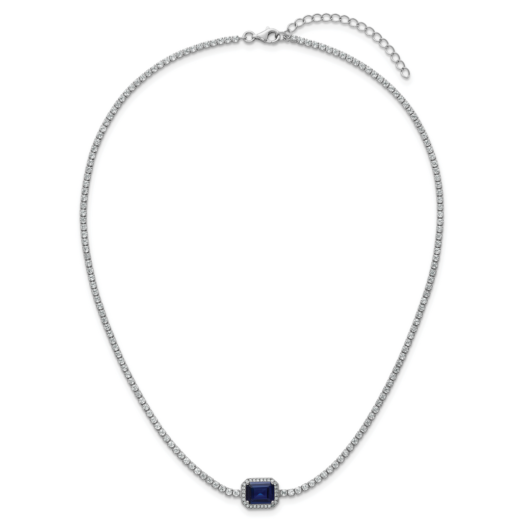 Sterling Silver Rhodium-plated Polished Fancy Emerald-cut Blue and White CZ Halo 16 Inch with 2 Inch Extension Necklace
