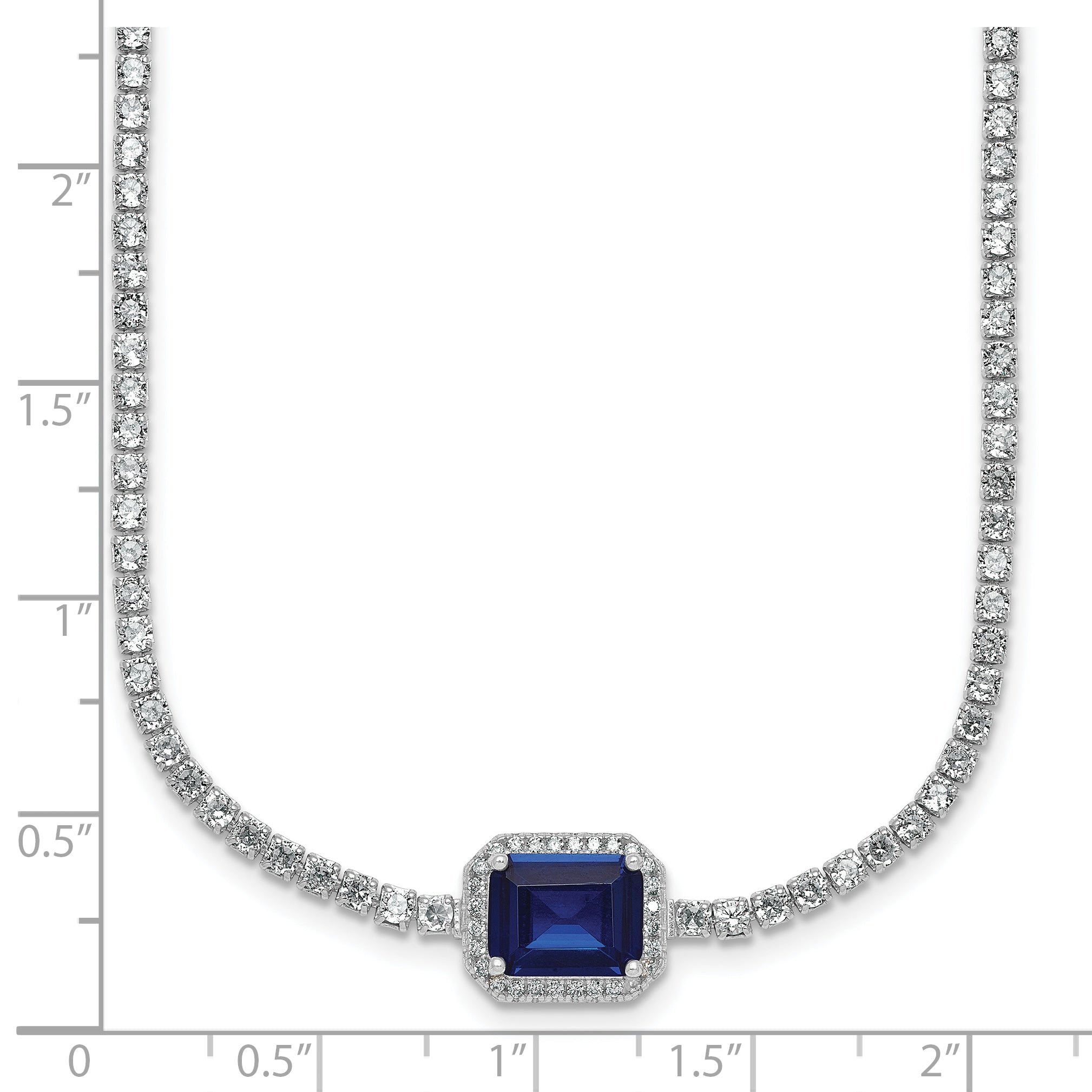 Sterling Silver Rhodium-plated Polished Fancy Emerald-cut Blue and White CZ Halo 16 Inch with 2 Inch Extension Necklace