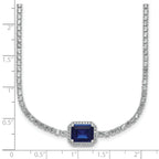 Sterling Silver Rhodium-plated Polished Fancy Emerald-cut Blue and White CZ Halo 16 Inch with 2 Inch Extension Necklace