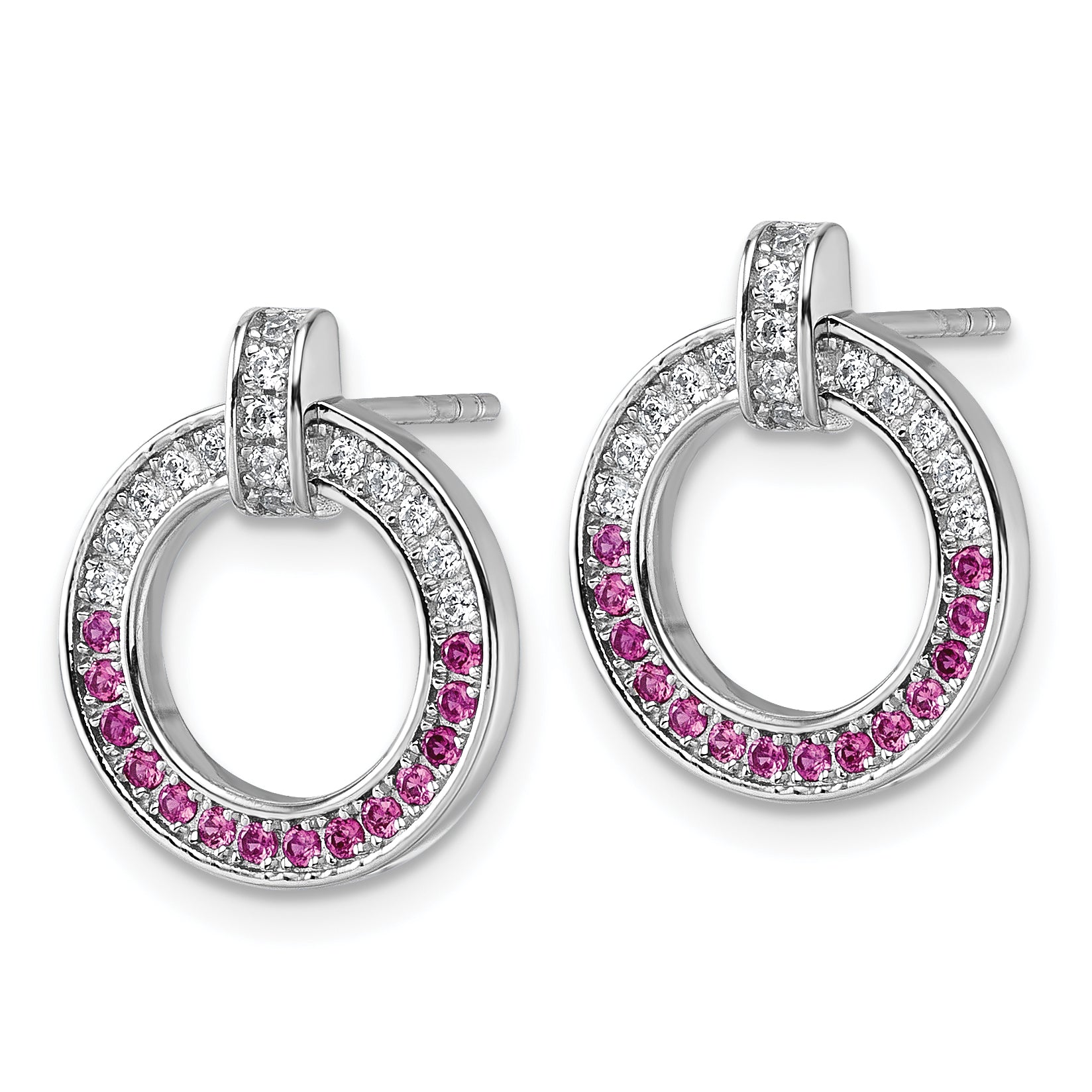 Sterling Silver Rhodium-plated White and Red CZ Open Circle Post Earrings