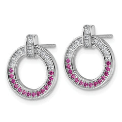 Sterling Silver Rhodium-plated White and Red CZ Open Circle Post Earrings
