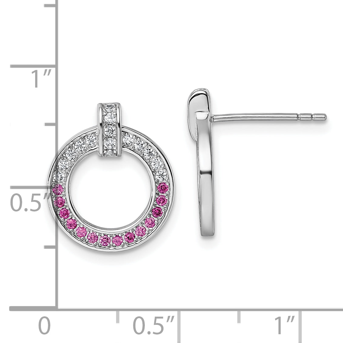 Sterling Silver Rhodium-plated White and Red CZ Open Circle Post Earrings