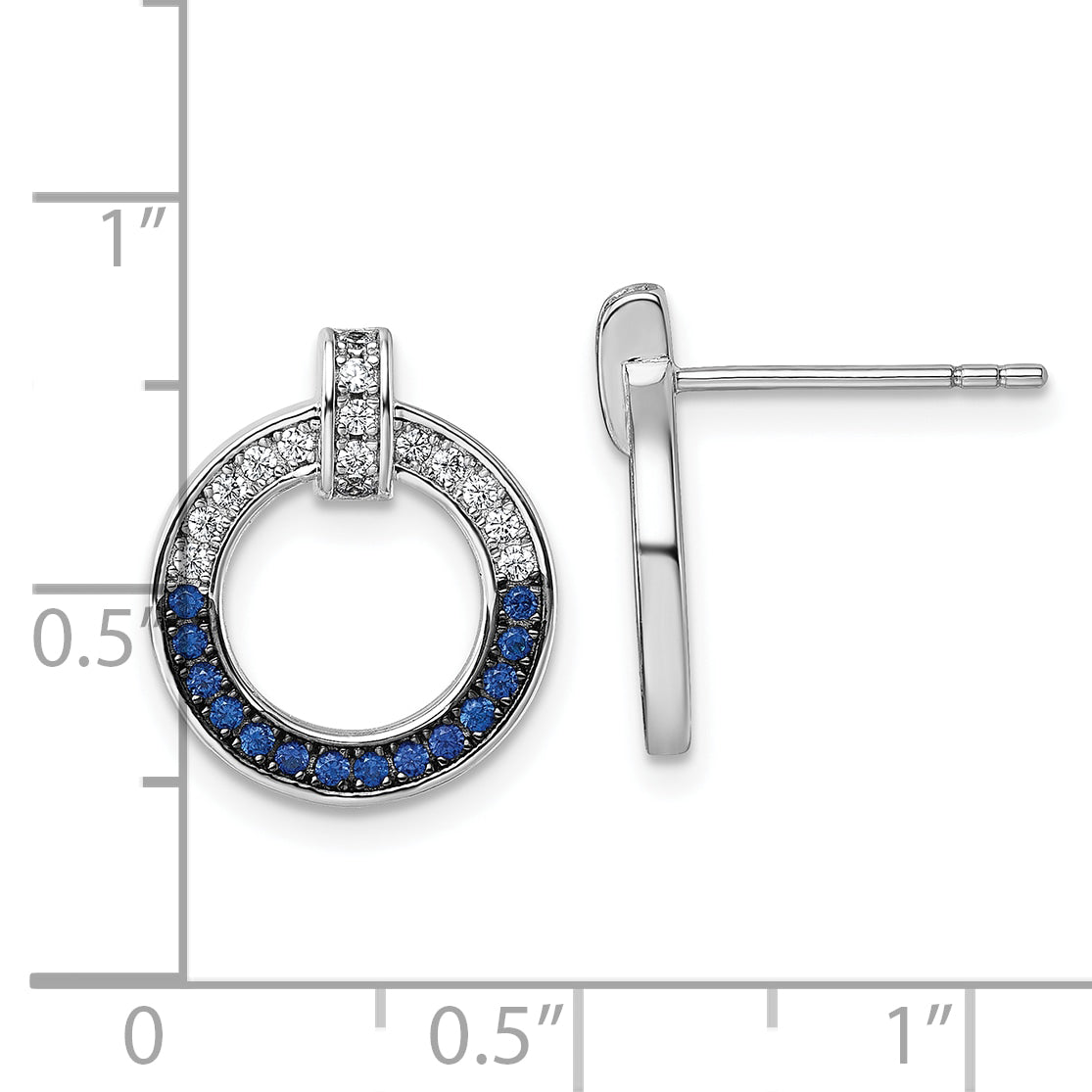Sterling Silver White and Black Rhodium-plated White and Blue CZ Open Circle Post Earrings