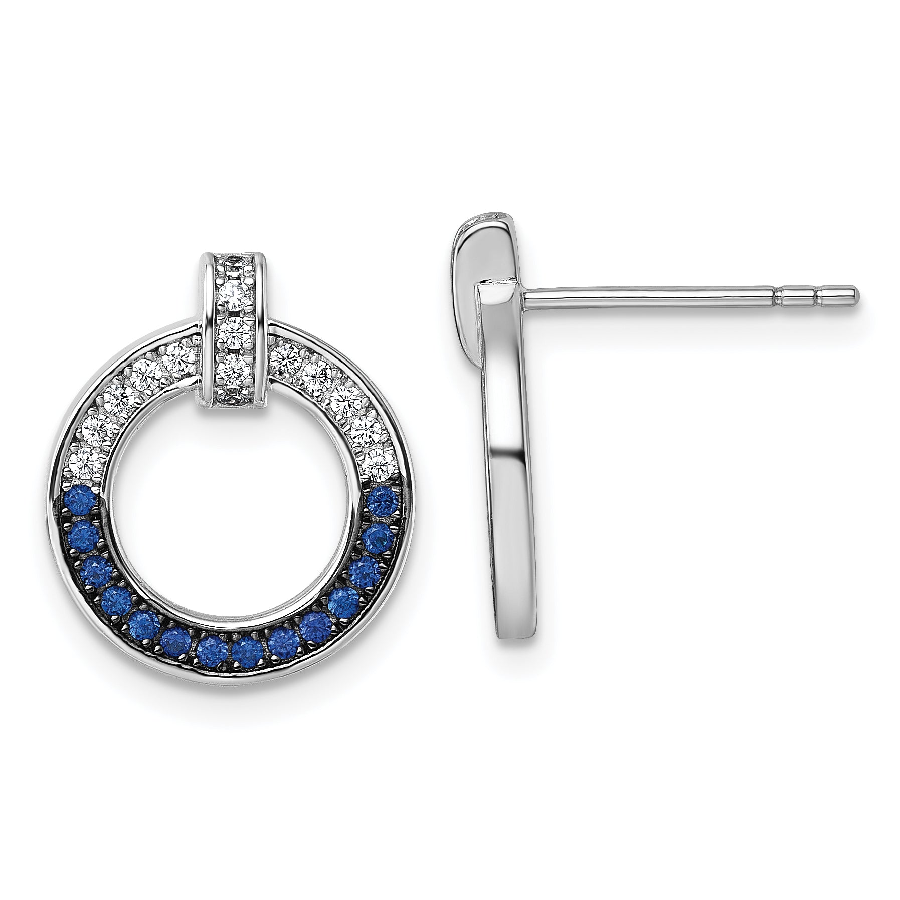 Sterling Silver White and Black Rhodium-plated White and Blue CZ Open Circle Post Earrings Main image