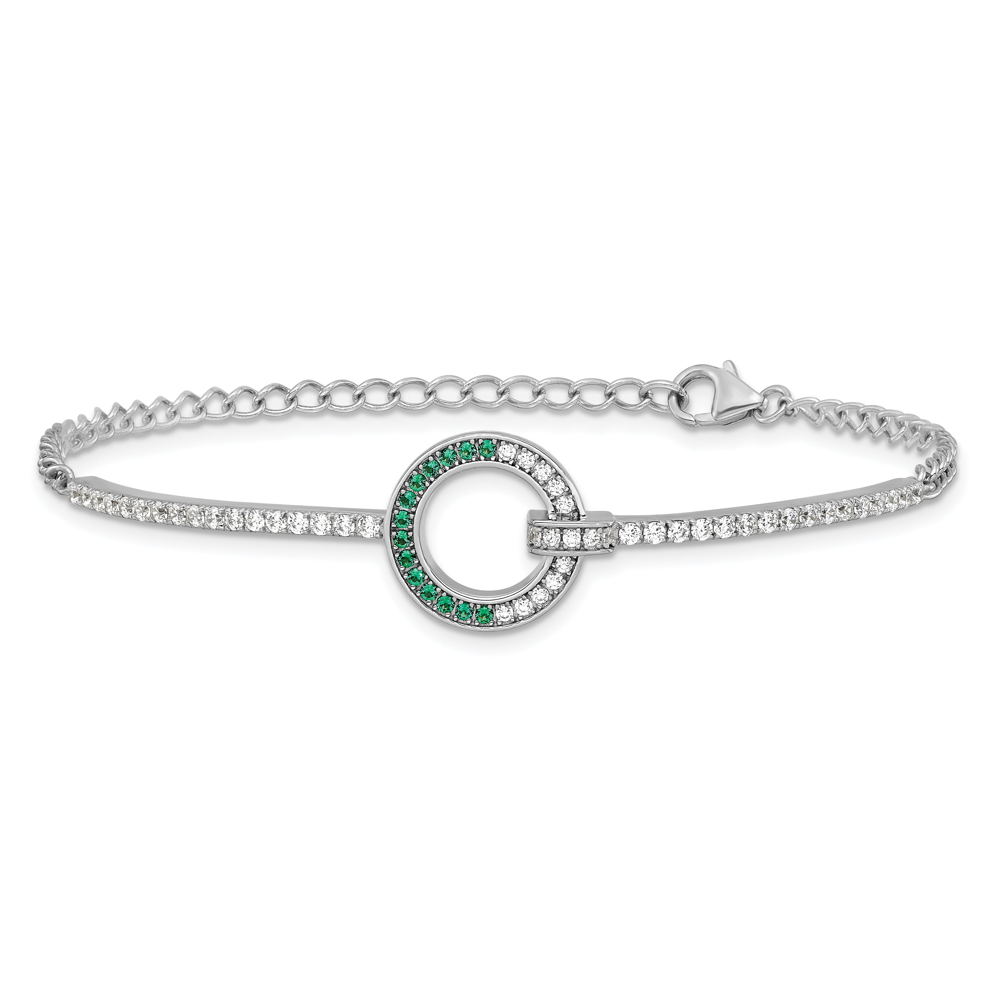 Sterling Silver Rhodium-plated White and Green CZ Open Circle 7.25 inch Bracelet