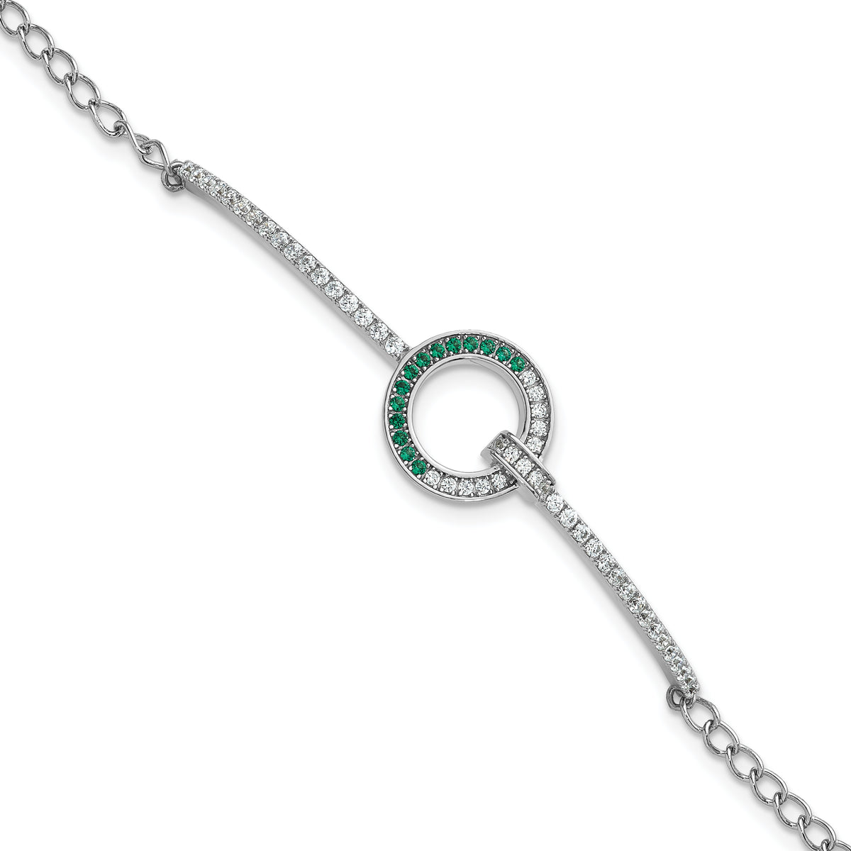 Sterling Silver Rhodium-plated White and Green CZ Open Circle 7.25 inch Bracelet