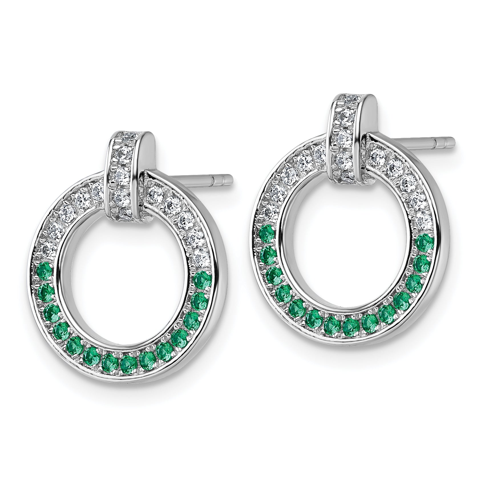 Sterling Silver Rhodium-plated White and Green CZ Open Circle Post Earrings