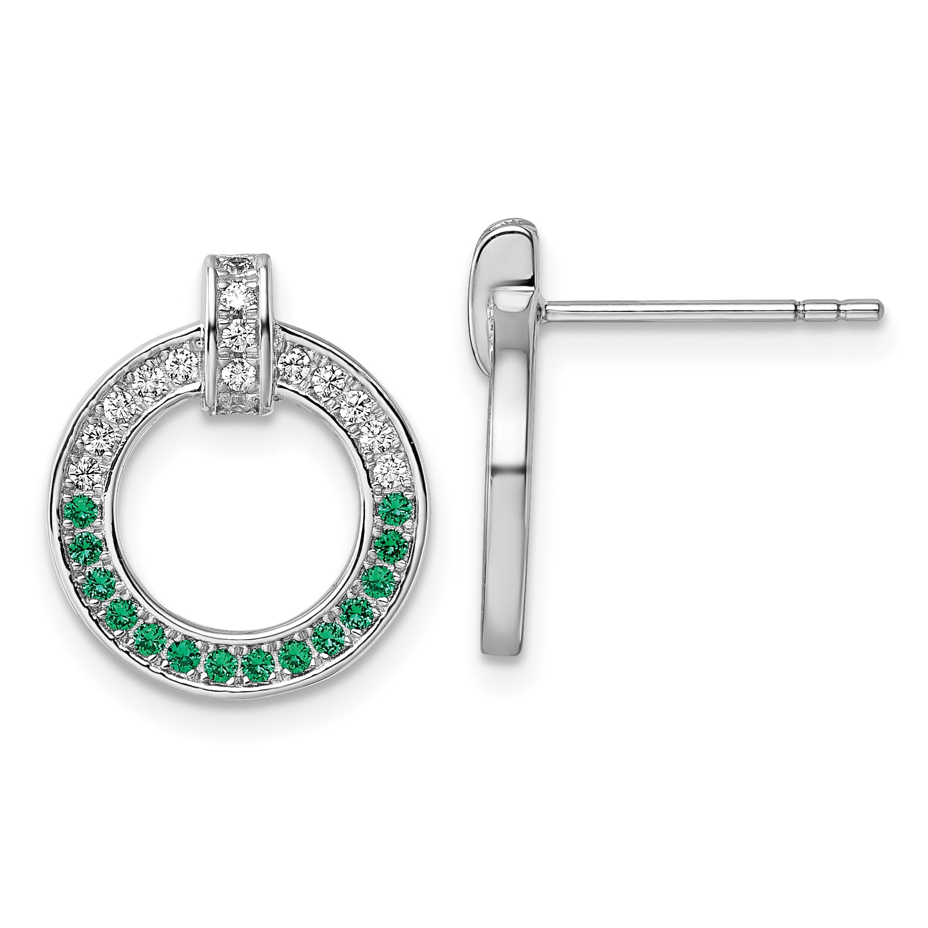 Sterling Silver Rhodium-plated White and Green CZ Open Circle Post Earrings Main image