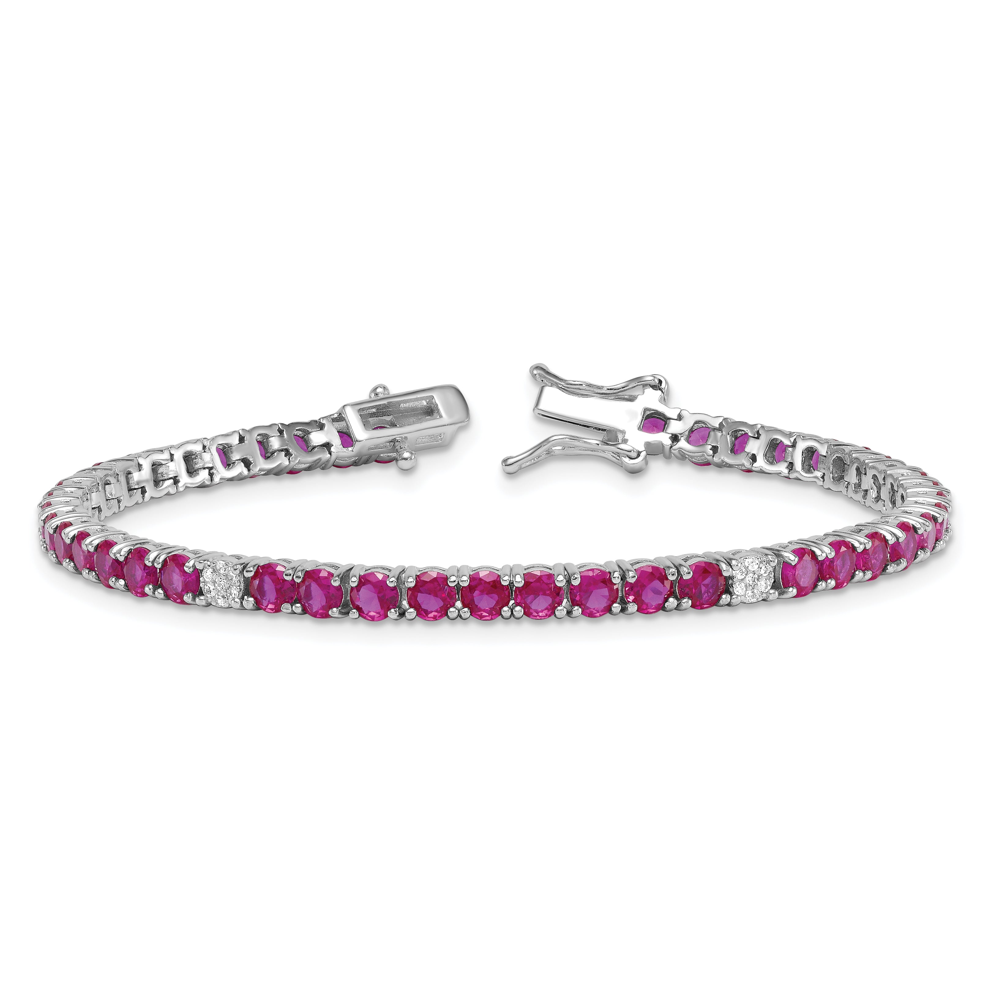 Sterling Silver Rhodium-plated Polished Round Red and White CZ 7 Inch Bracelet