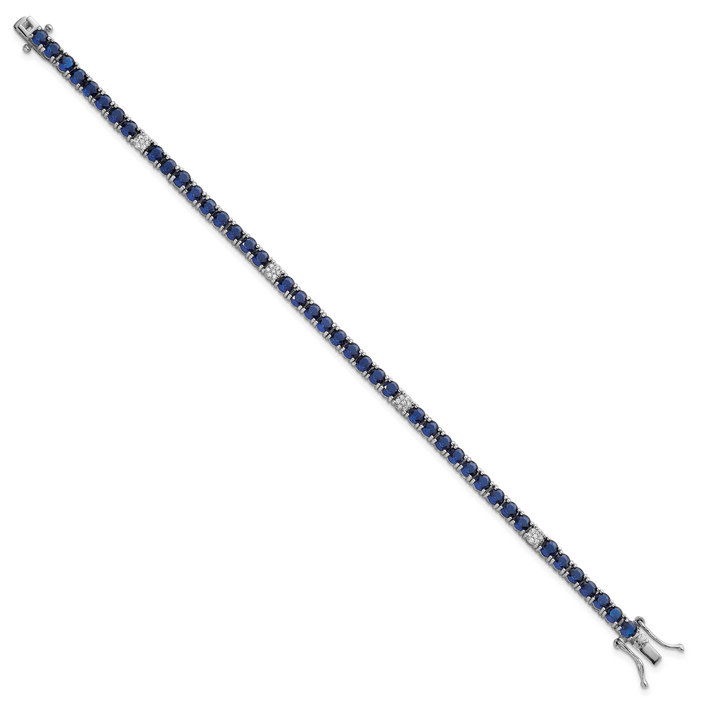 Sterling Silver Rhodium-plated Polished Round Blue and White CZ 7 Inch Bracelet