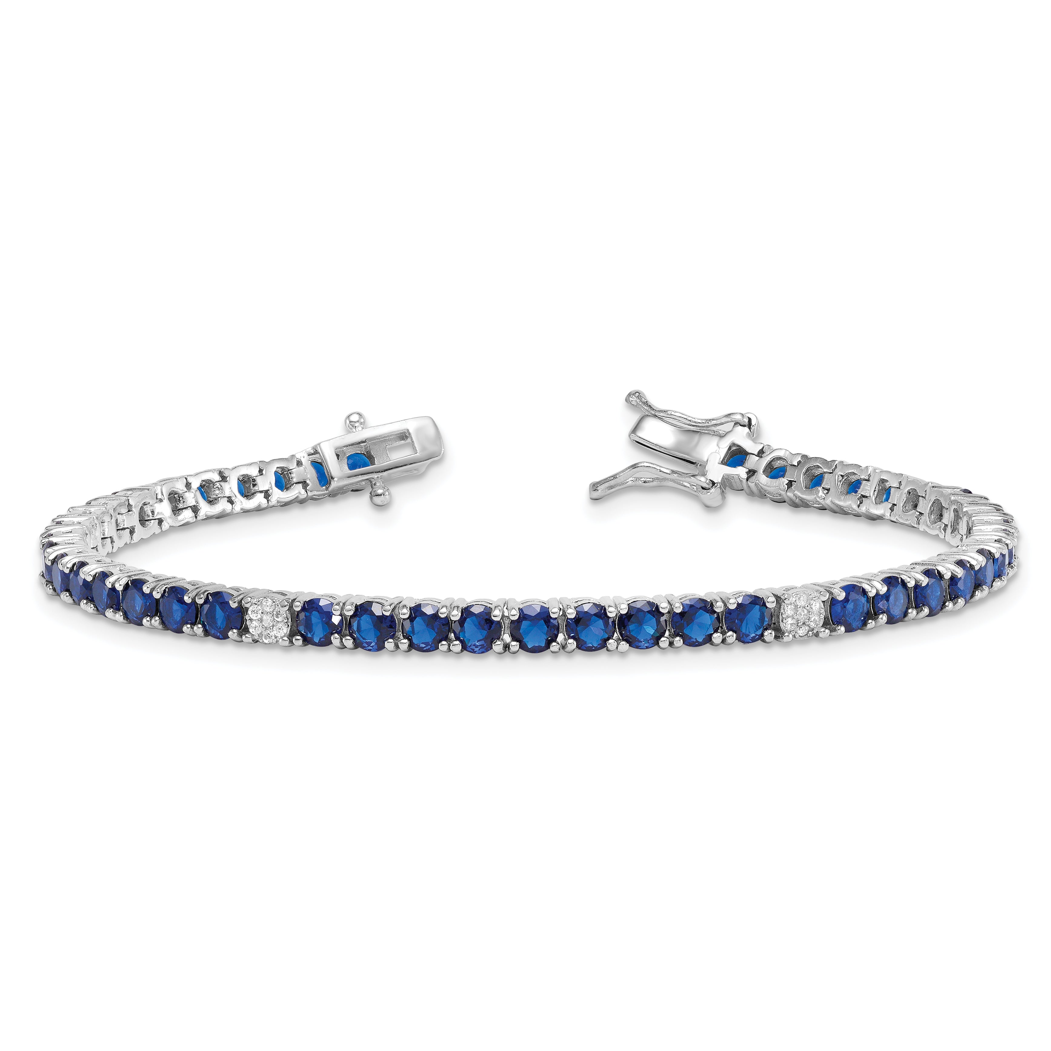 Sterling Silver Rhodium-plated Polished Round Blue and White CZ 7 Inch Bracelet