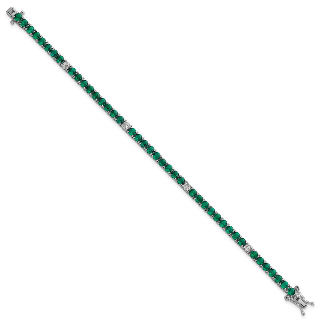 Sterling Silver Rhodium-plated Polished Round Green and White CZ 7 Inch Bracelet