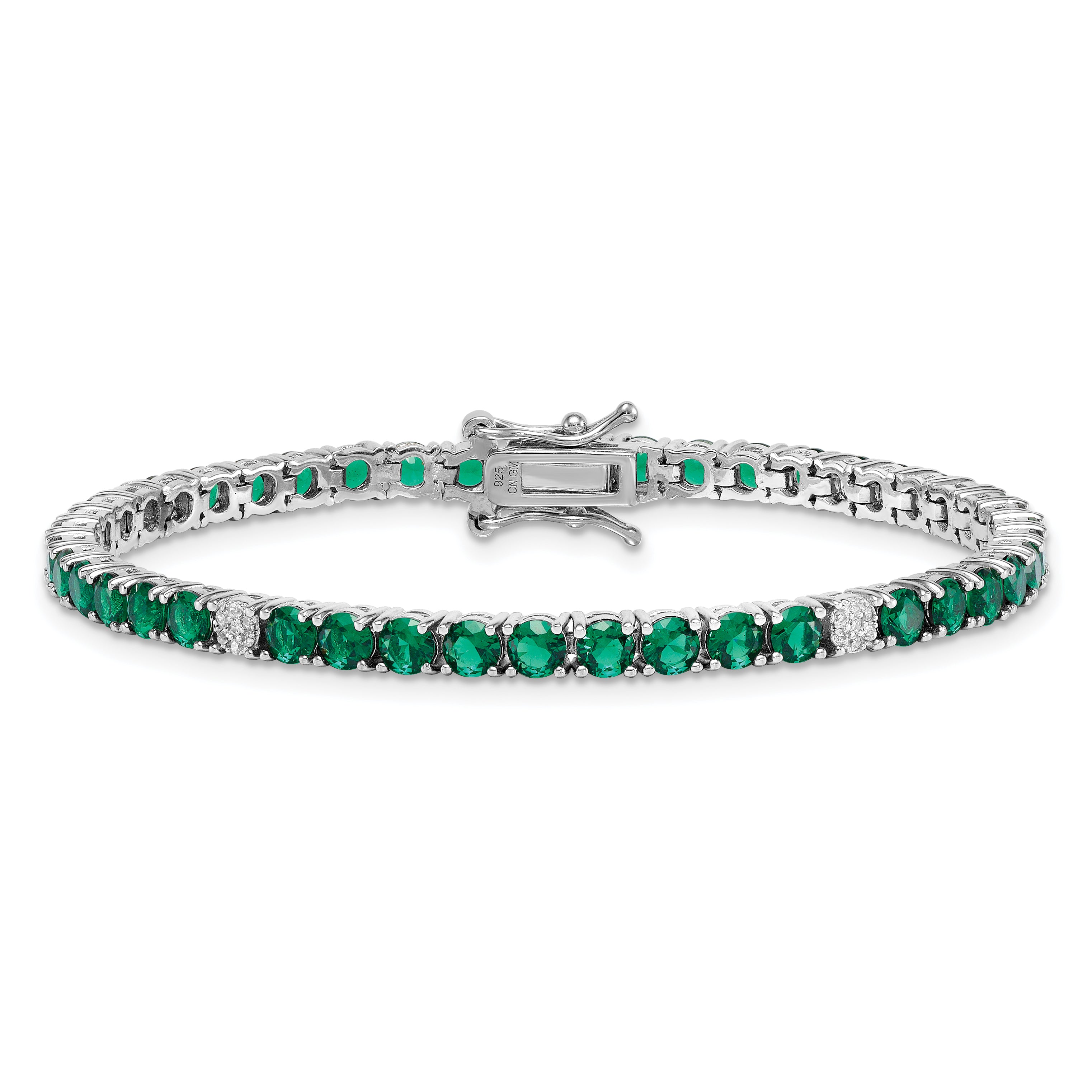 Sterling Silver Rhodium-plated Polished Round Green and White CZ 7 Inch Bracelet