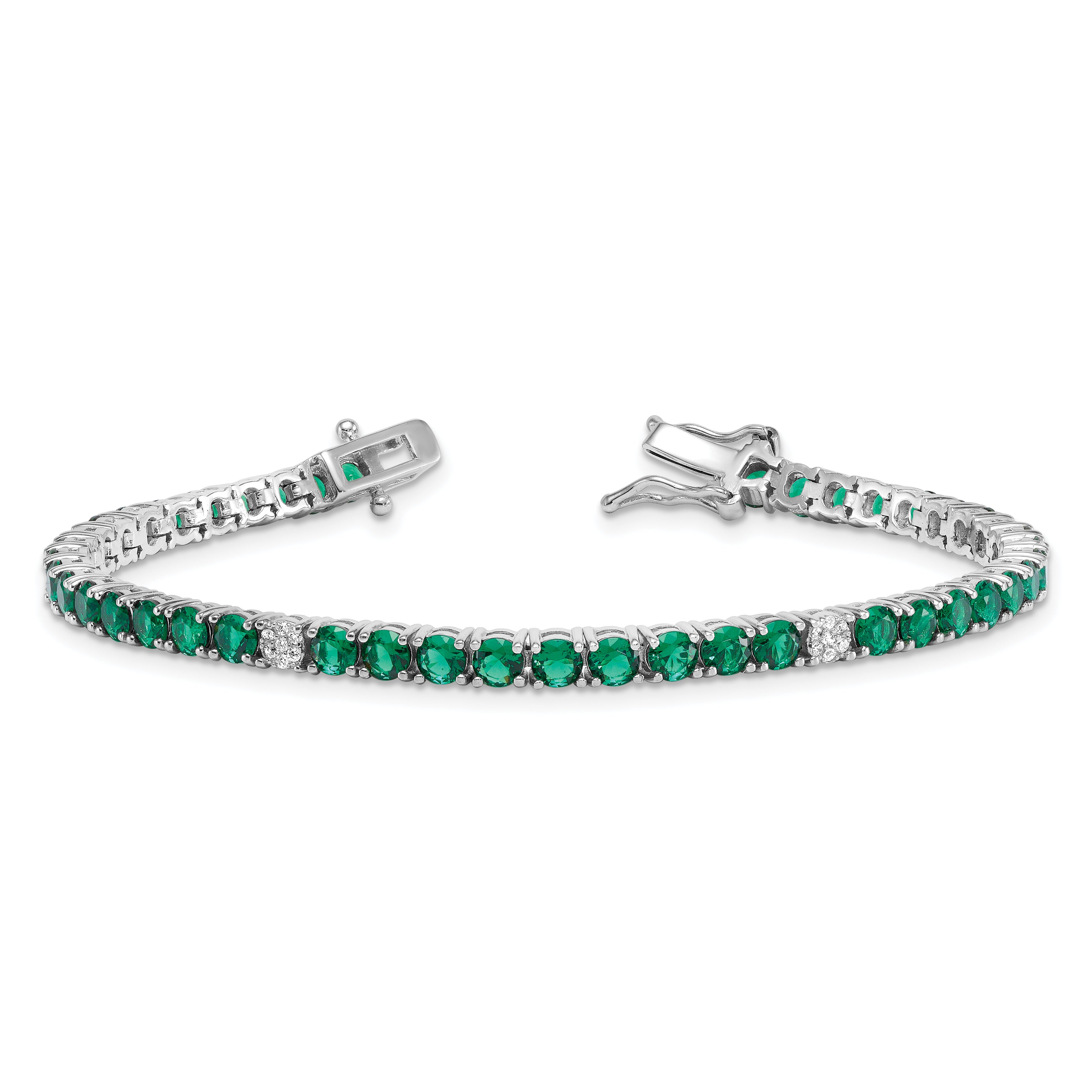 Sterling Silver Rhodium-plated Polished Round Green and White CZ 7 Inch Bracelet