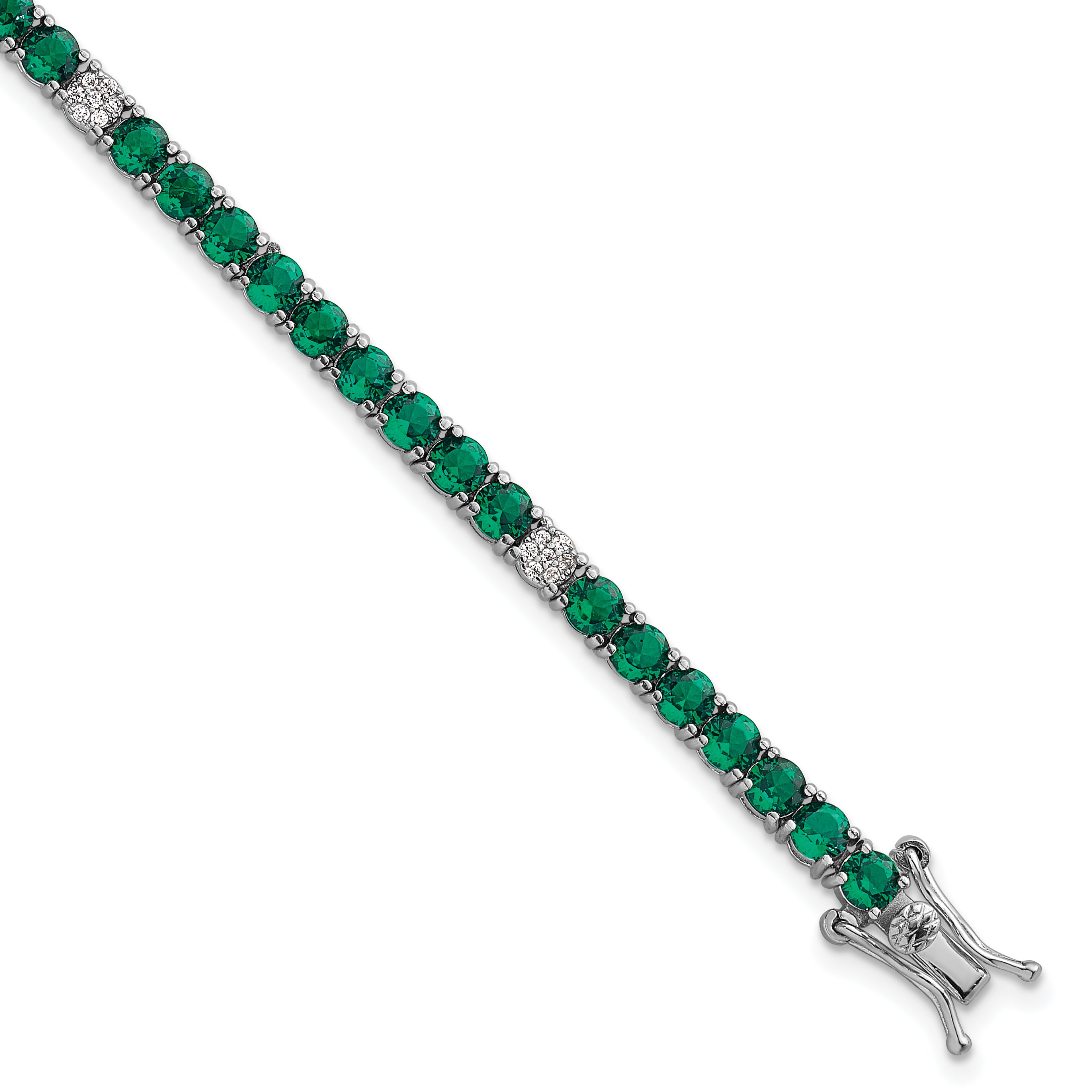 Sterling Silver Rhodium-plated Polished Round Green and White CZ 7 Inch Bracelet
