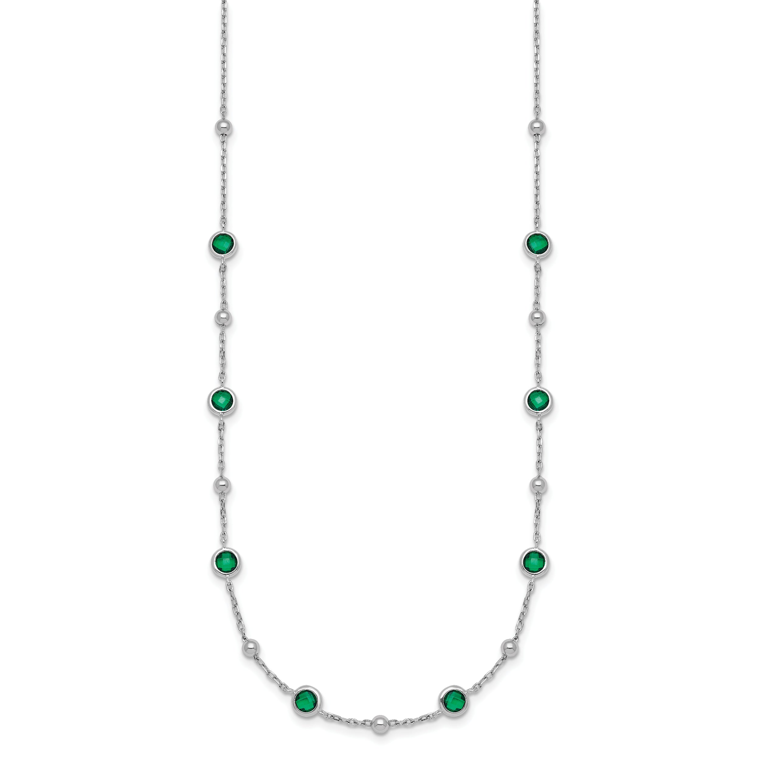 Sterling Silver Rhodium-plated Polished and Beaded Bezel-set Round Green CZ 16 Inch with 2 Inch Extension Necklace