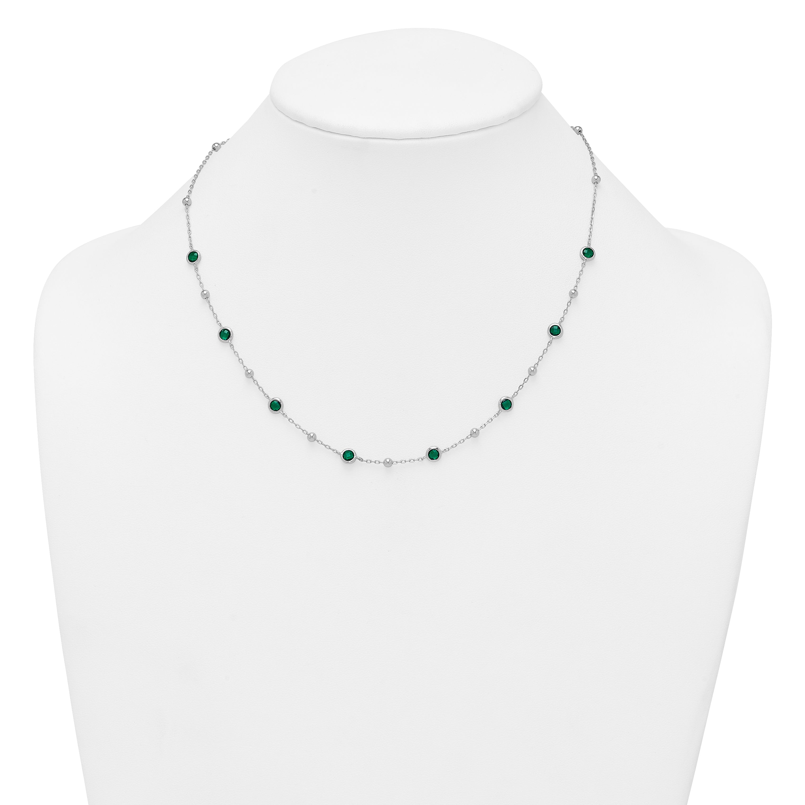 Sterling Silver Rhodium-plated Polished and Beaded Bezel-set Round Green CZ 16 Inch with 2 Inch Extension Necklace
