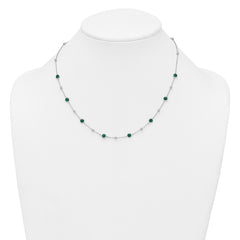 Sterling Silver Rhodium-plated Polished and Beaded Bezel-set Round Green CZ 16 Inch with 2 Inch Extension Necklace