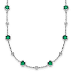 Sterling Silver Rhodium-plated Polished and Beaded Bezel-set Round Green CZ 16 Inch with 2 Inch Extension Necklace