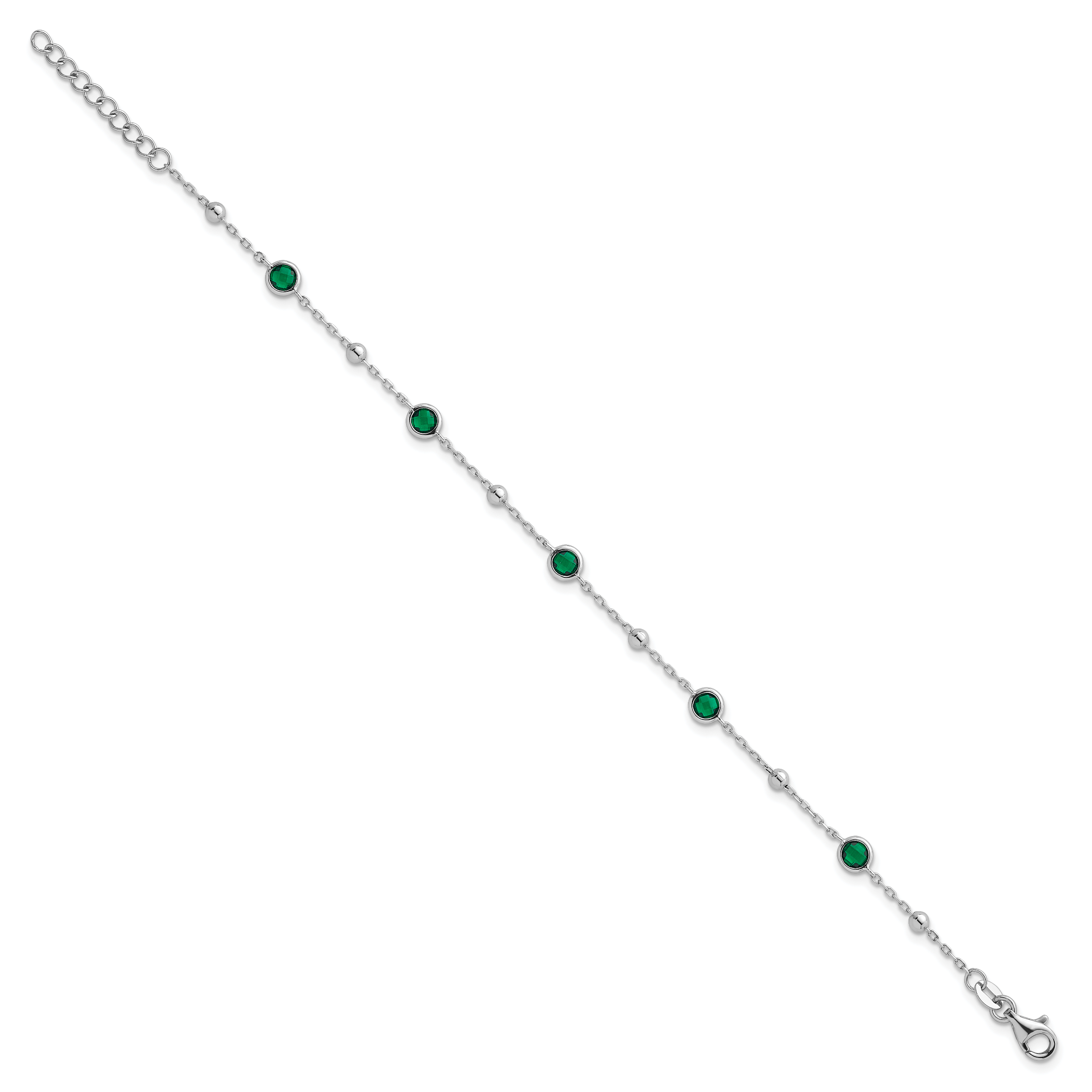 Sterling Silver Rhodium-plated Polished and Beaded Bezel-set Round Green CZ 7 Inch with 1 Inch Extension Bracelet Secondary image