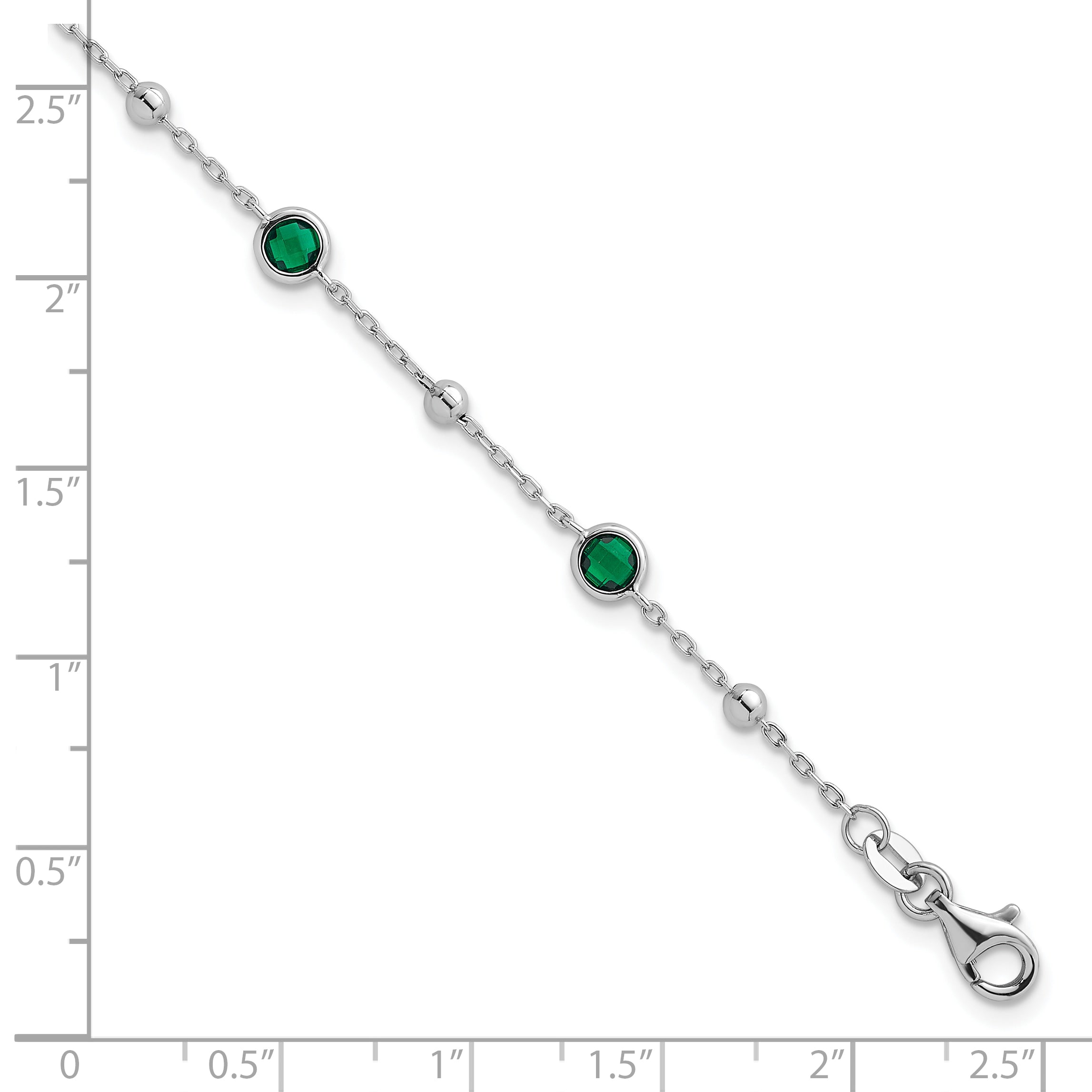 Sterling Silver Rhodium-plated Polished and Beaded Bezel-set Round Green CZ 7 Inch with 1 Inch Extension Bracelet