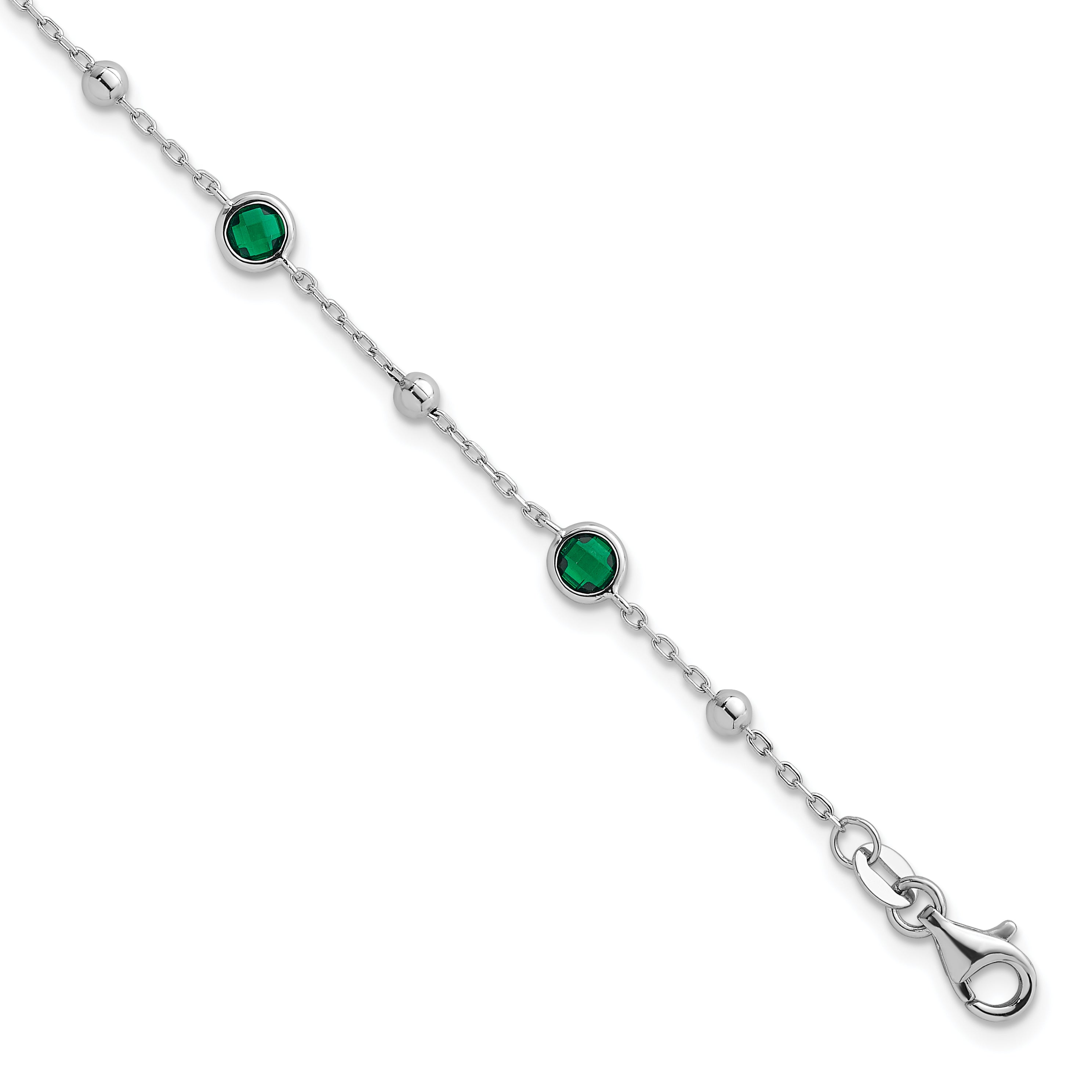 Sterling Silver Rhodium-plated Polished and Beaded Bezel-set Round Green CZ 7 Inch with 1 Inch Extension Bracelet Main image
