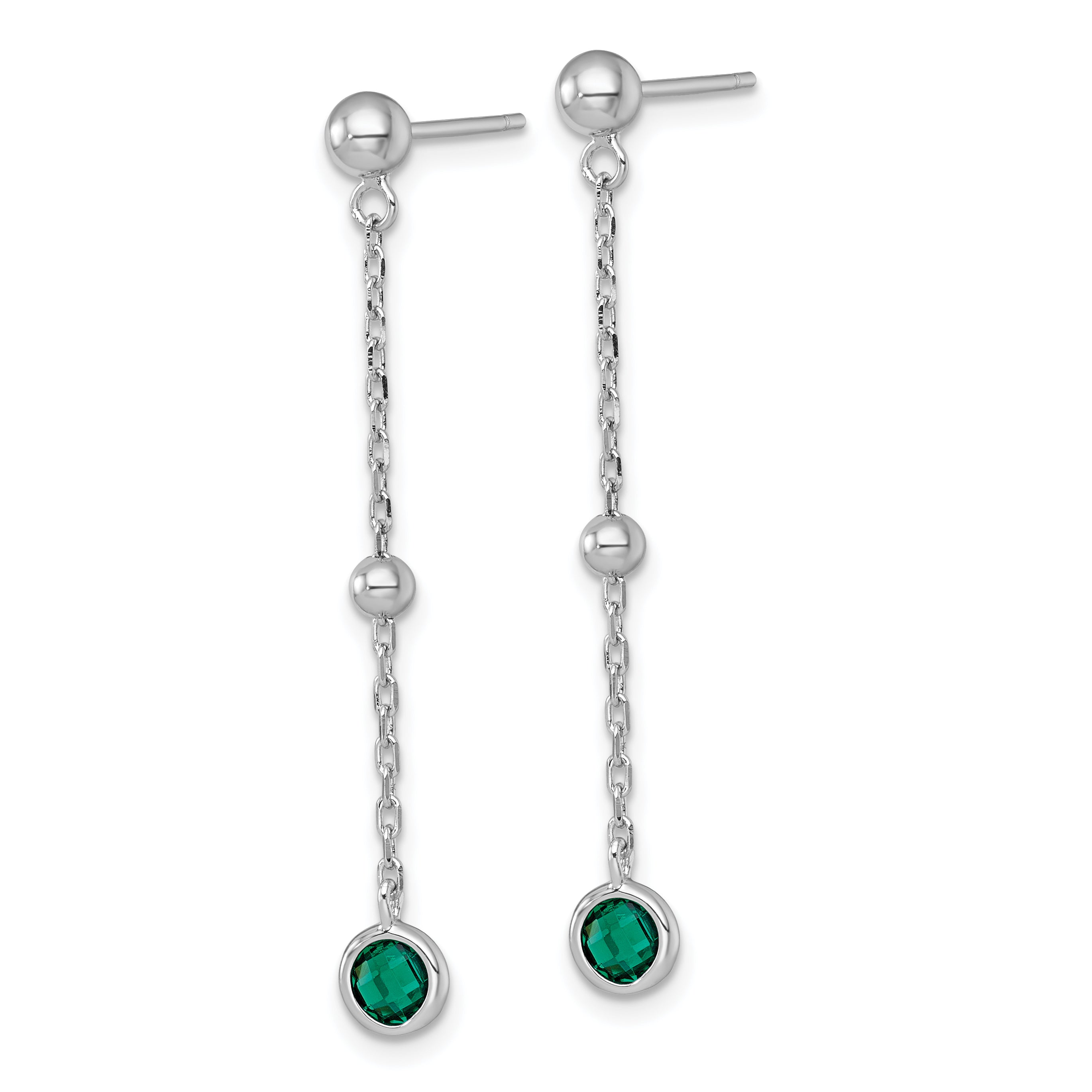 Sterling Silver Rhodium-plated Polished Bezel-set Round Green CZ Dangle Post Earrings Secondary image