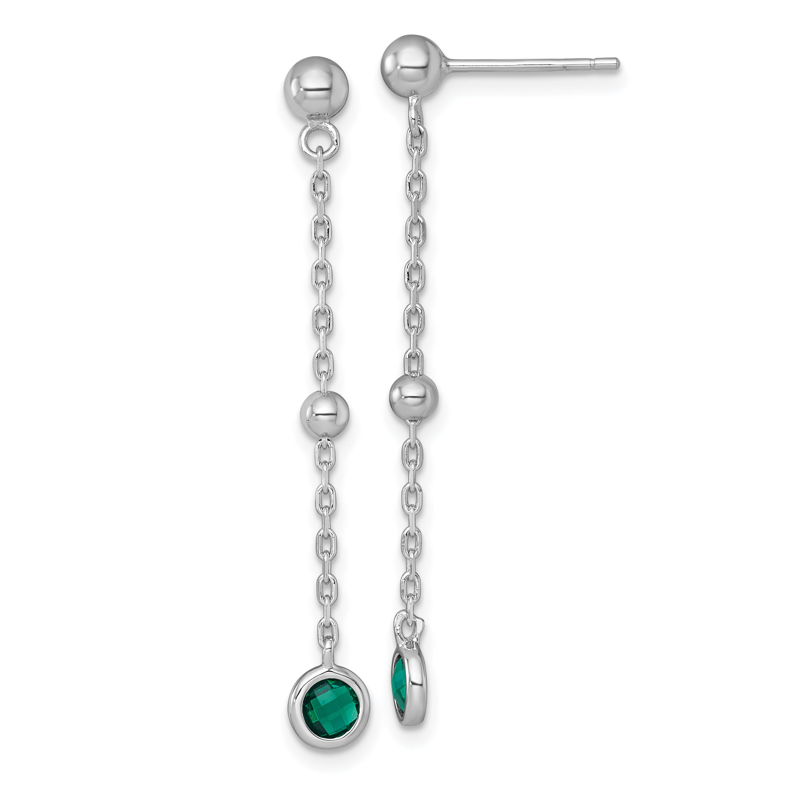 Sterling Silver Rhodium-plated Polished Bezel-set Round Green CZ Dangle Post Earrings Main image