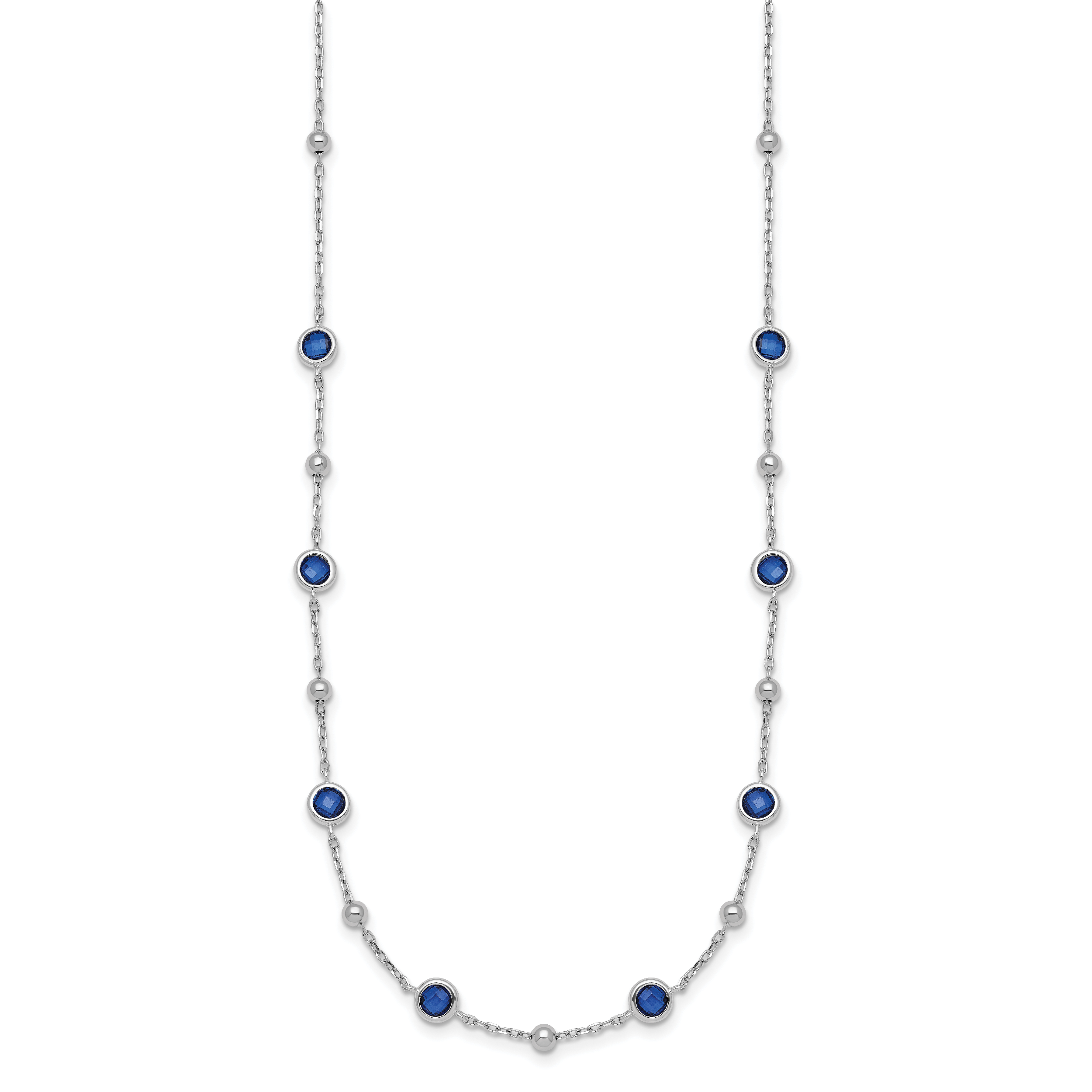 Sterling Silver Rhodium-plated Polished and Beaded Bezel-set Round Blue CZ 16 Inch with 2 Inch Extension Necklace Secondary image
