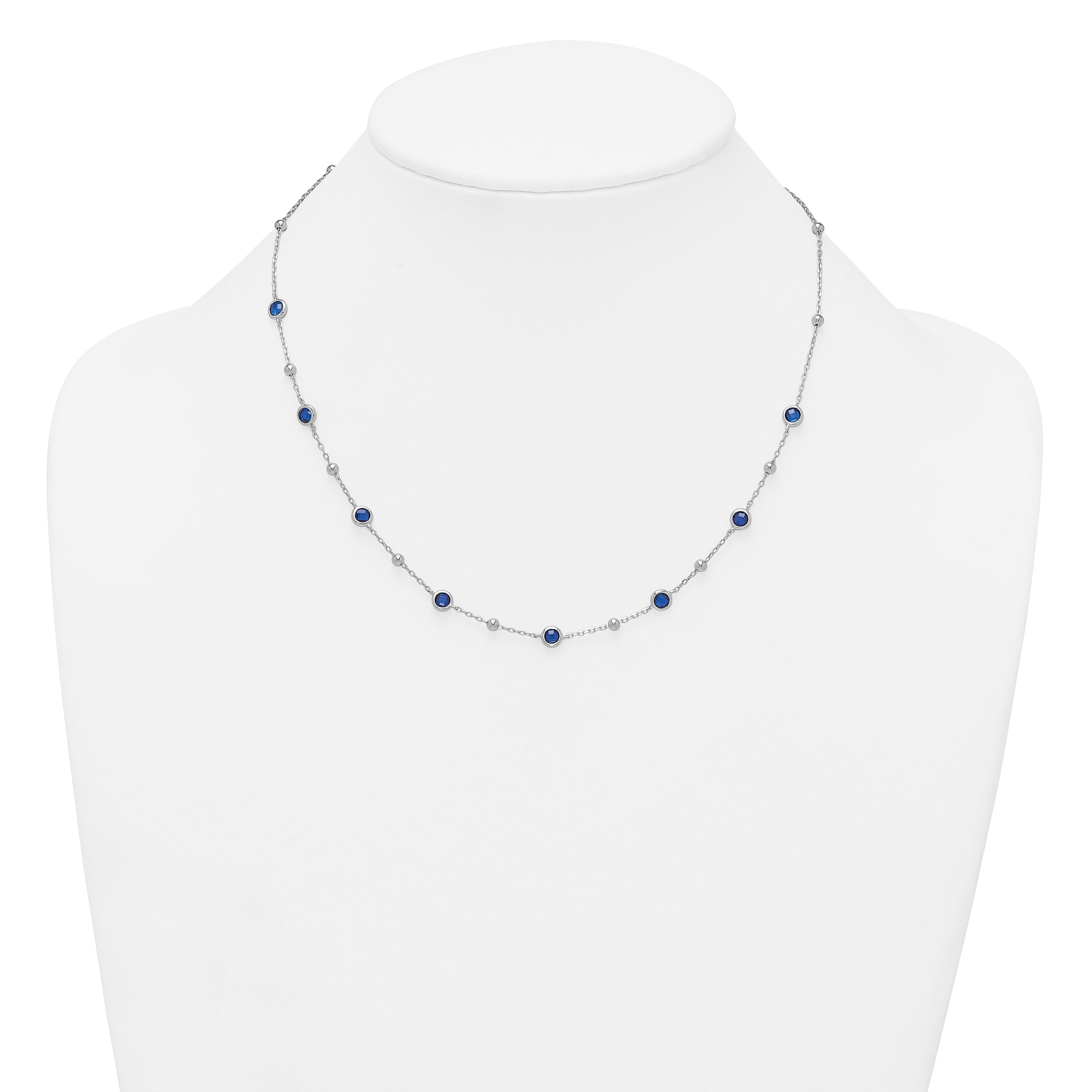 Sterling Silver Rhodium-plated Polished and Beaded Bezel-set Round Blue CZ 16 Inch with 2 Inch Extension Necklace
