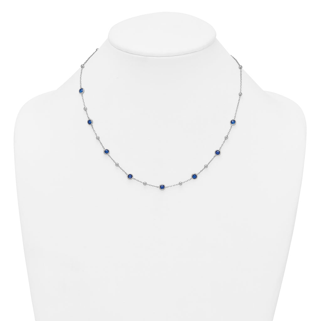 Sterling Silver Rhodium-plated Polished and Beaded Bezel-set Round Blue CZ 16 Inch with 2 Inch Extension Necklace