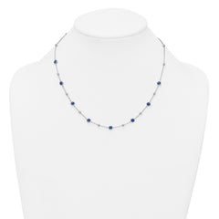 Sterling Silver Rhodium-plated Polished and Beaded Bezel-set Round Blue CZ 16 Inch with 2 Inch Extension Necklace