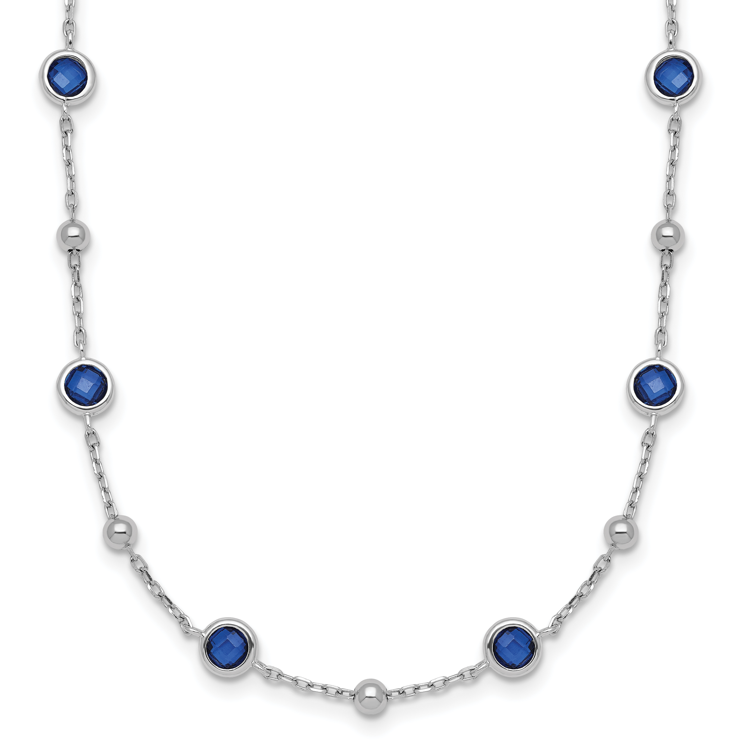 Sterling Silver Rhodium-plated Polished and Beaded Bezel-set Round Blue CZ 16 Inch with 2 Inch Extension Necklace Main image