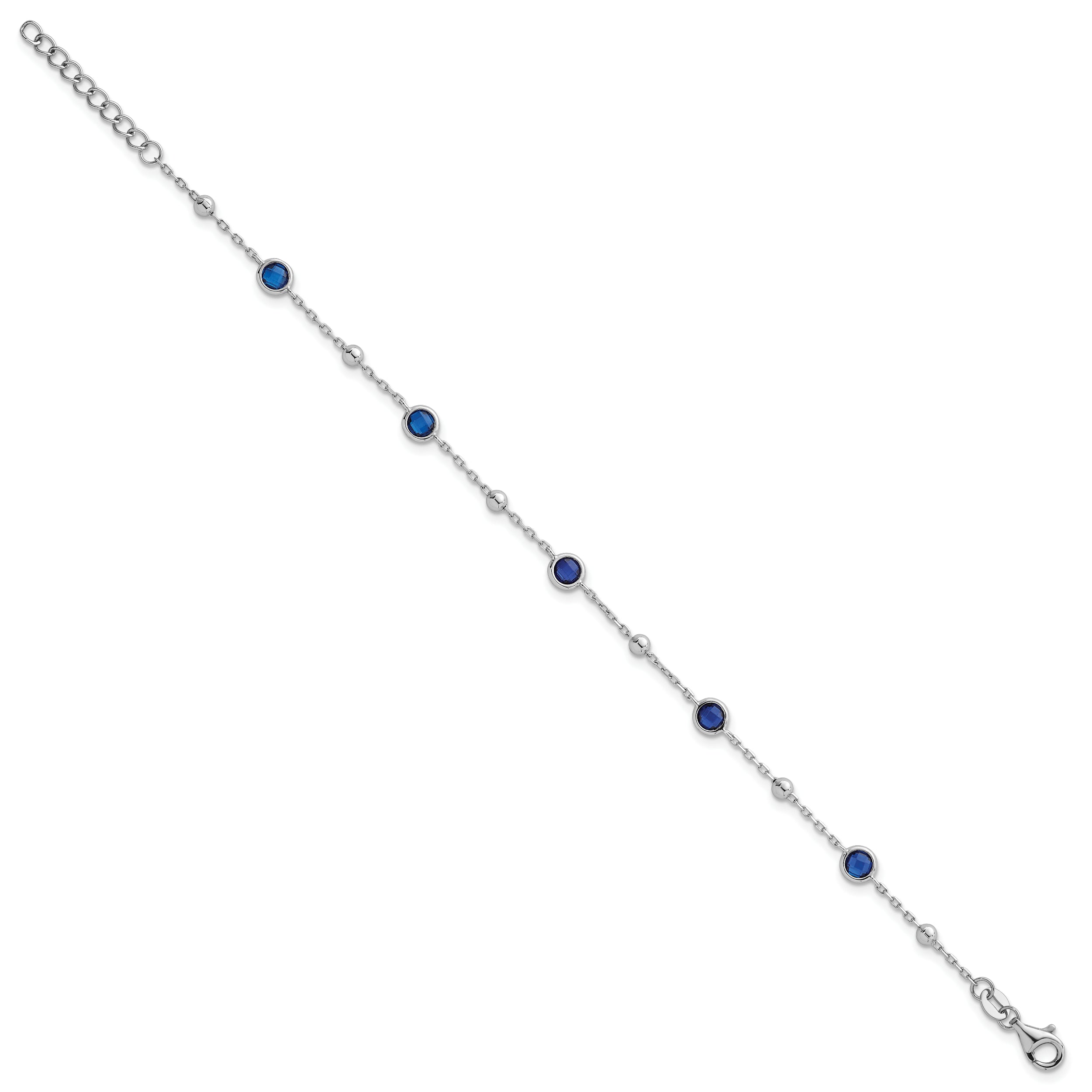 Sterling Silver Rhodium-plated Polished and Beaded Bezel-set Round Blue CZ 7 Inch with 1 Inch Extension Bracelet