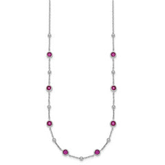 Sterling Silver Rhodium-plated Polished and Beaded Bezel-set Round Red CZ 16 Inch with 2 Inch Extension Necklace